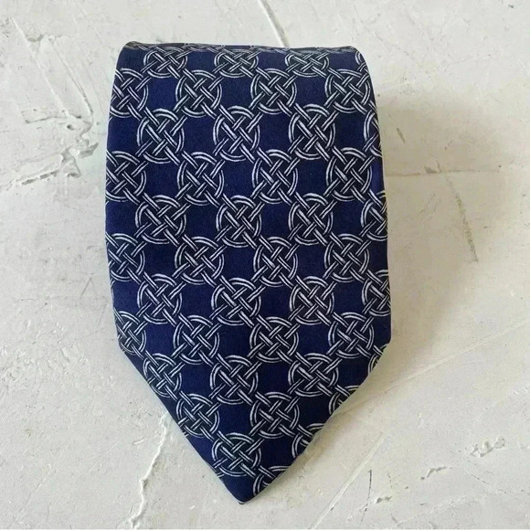 Hermes Necktie Men's 100% Silk Luxury Geometric Chain Logo Blu Made in France - Picture 1 of 11